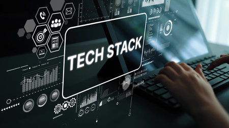 Modern Technology Concepts with Hands on Keyboard and Data Visualization in Background Displaying...