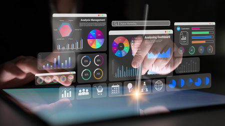 Multiple analytics dashboards with charts and graphs representing marketing data, SEO insights, and...