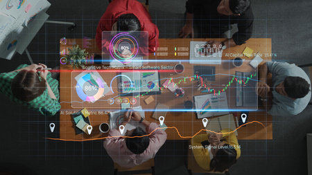 A diverse team collaborates at a modern office table, engaging with digital devices and data visualizations, emphasizing teamwork and innovative strategies for growth. Rasterの写真素材