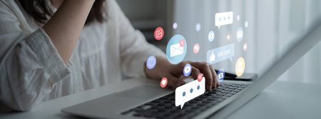 Multiple social media icons, likes, messages, and notifications representing online interaction,...