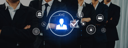 A creative representation of business professionals showcasing the KYC concept, highlighting the digital transformation in financial services and the importance of compliance and security.の写真素材