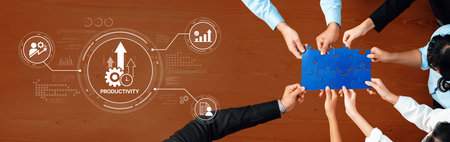 A diverse group of hands gathers around a puzzle piece symbolizing collaboration. Surrounding icons...