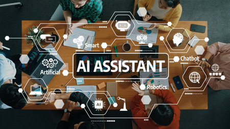 A dynamic workspace scene showcases diverse individuals collaborating on AI assistant and innovative technologies, highlighting teamwork and creativity in a modern setting.の写真素材