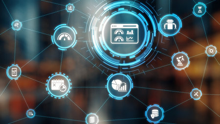 Predictive maintenance icons for industry, automation, smart factory and manufacturing showing data...