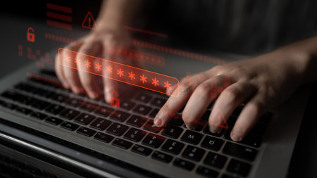 Password security breach warning with red asterisk box, cybersecurity alert, lock icons, and...