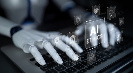 AI ethics ensures fairness, transparency, and responsibility in intelligent systems, guiding safe and trusted AI integration in society. Artificial intelligence splineの写真素材