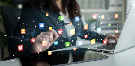 Social media interaction digital icons floating show concept of social media marketing. Online...