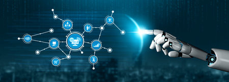 A futuristic robotic hand touches a glowing digital network, illustrating the integration of...