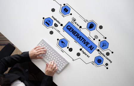 A modern workspace scene showcasing generative AI themes. The layout features a keyboard alongside visually appealing icons that illustrate creativity and innovation. Tesselの写真素材