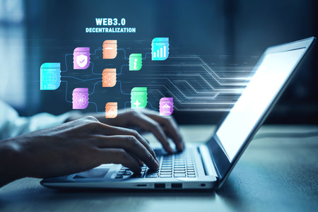 The Web 3.0 decentralization technology ecosystem. A flowchart of interconnected concepts like AI, blockchain, security, and decentralized finance. Motifの写真素材