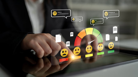 A concept of customer feedback analysis and satisfaction reporting. A dashboard for reviewing user comments, ratings, and overall satisfaction scores. Motifの写真素材