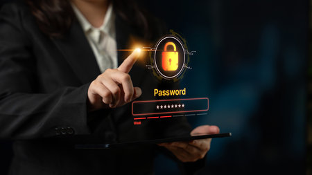 A concept of user authentication and password security. The interface shows a password strength meter, highlighting the importance of creating a strong code for account protection.の写真素材
