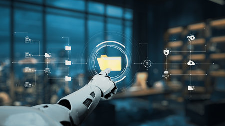 A robot hand interacts with a digital folder in a contemporary office setting, symbolizing the...