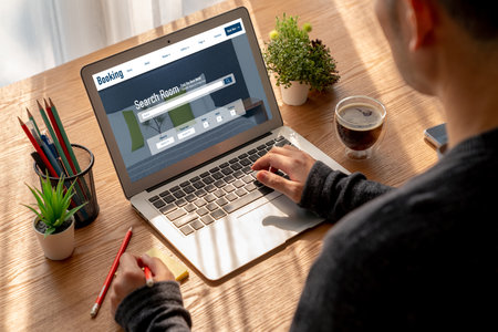 Online hotel accommodation booking website provide modish reservation system . Travel technology concept .の写真素材