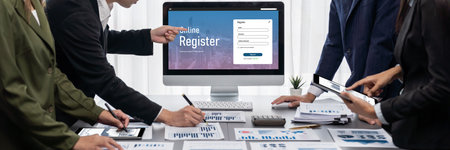 Panorama shot analyst team utilizing BI to analyze financial report with laptop. Businesspeople analyzing BI data dashboard displayed on laptop screen for business insight.の写真素材