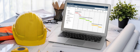 Project planning software for brisk business project management on the computer screen showing...