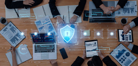 A concept of an advanced cybersecurity system. The futuristic interface shows a multi-factor...