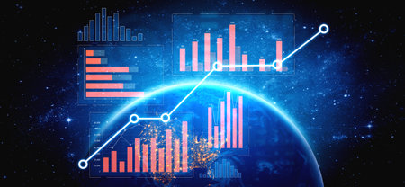 A stunning cosmic scene depicting futuristic data visualizations with trend graphs and charts over...