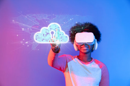 A young individual engages with cloud computing services through virtual reality, showcasing digital...