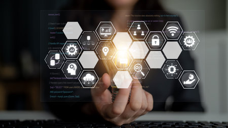 Hexagon interface combining AI, data, analytics, and cybersecurity. AI connects systems, data drives...