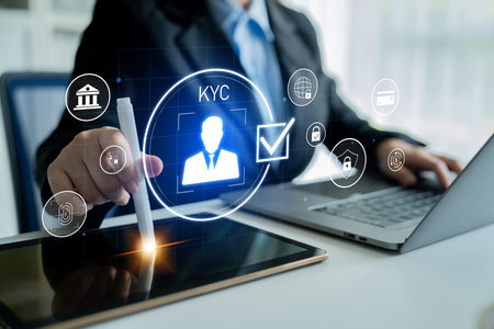 Digital KYC verification with biometric scan, ID authentication, and financial security icons representing identity verification, secure onboarding, fraud prevention, and complianceの写真素材