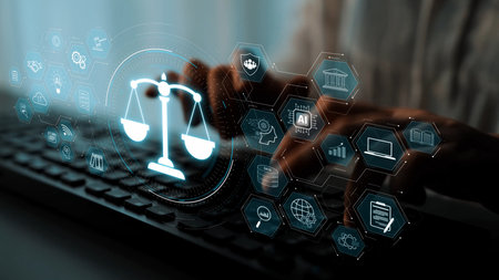Artificial intelligence enhances legal systems through automation, AI decision support, and legal analytics. Legal system and justice AI transform operations.の写真素材