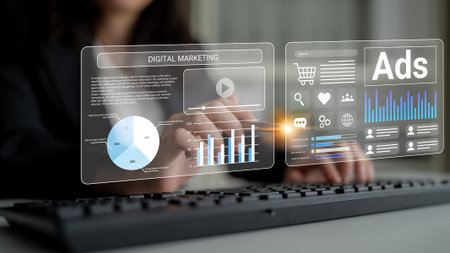 A professional utilizes advanced digital marketing tools, engaging with holographic data visuals while working at a keyboard in a sleek, modern office environment.の写真素材