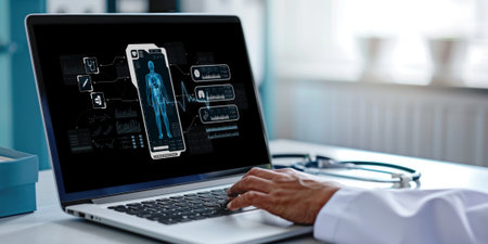 Medical science technology and futuristic healthcare virtual computer software analyze human health and diagnose disease for doctor data and medical research. briskの素材