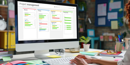 Project planning software for brisk business project management on the computer screen showing timeline chart of the team projectの素材