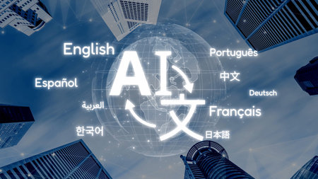 Global communication with multiple languages, digital translation tools, multilingual technology,...