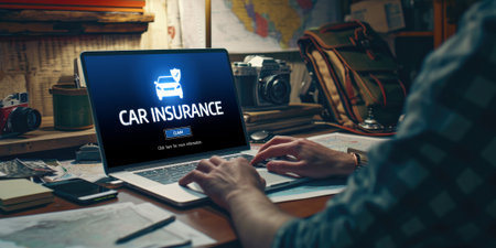 car insurance online website on computer screen for insure your car damage briskの素材