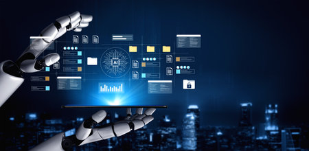 A robotic hand presents an interactive digital display showcasing artificial intelligence data and...
