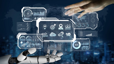 AI reading big data visualization dashboard, analyzing insights, identifying patterns, and...