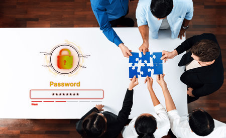 A concept of user authentication and password security. The interface shows a password strength...
