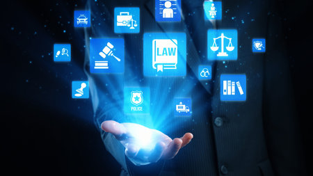 Law icons illustrate justice, court, and regulation system. Law represents fairness, law supports...