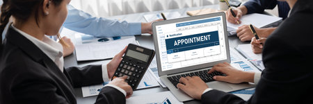 Business intelligence and data analysis concept. Analyst team working on financial data analysis dashboard on laptop screen as marketing indication for effective business strategic planning. Insightの写真素材