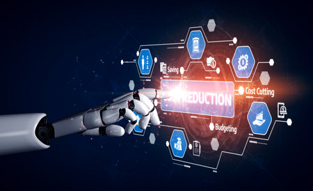 A futuristic robotic hand interacts with a high-tech digital interface, showcasing concepts of...
