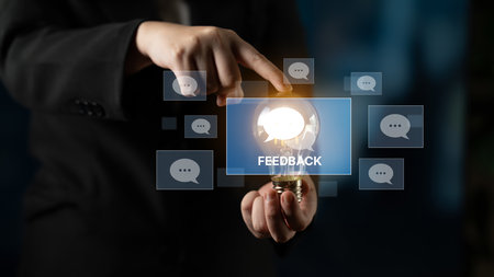 Customer or business team feedback system highlighting comments, opinions, evaluations, reviews, and suggestions from users to improve services, communication, and product quality idea insightの写真素材