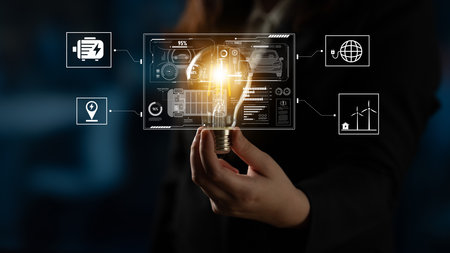 Smart interface showing electric vehicle performance, battery system, power control, charging status, and integration with renewable and grid-based energy sourcesの写真素材