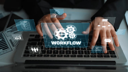 Workflow optimization concept featuring interconnected gears, task management, collaboration, process mapping, review, and automation for business productivity and efficiencyの写真素材