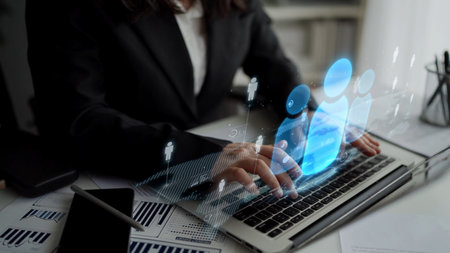 People networking, business connections, digital networking platforms, professional collaboration, and expanding opportunities through business relationship building and engagement.の写真素材