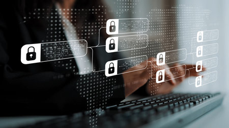 Blockchain structure showing distributed data blocks linked with encryption, representing secure...