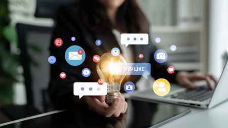 Multiple social media icons, likes, messages, and notifications representing online interaction,...