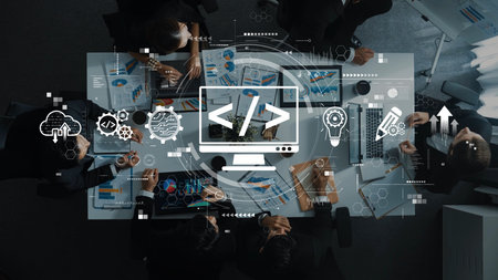 A dynamic business meeting in a modern office, showcasing professionals discussing strategies with laptops and visual data presentations, illustrating collaborative innovation. Rasterの写真素材