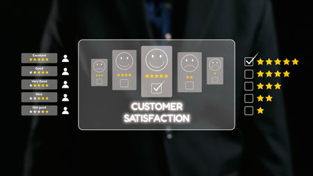 Visual representation of customer satisfaction assessment featuring smiley faces and star ratings in a professional setting, highlighting importance of feedback in business.の写真素材