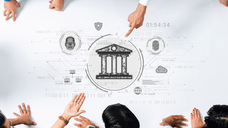 Professionals engage in a collaborative meeting addressing digital security and data protection,...