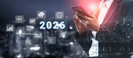 Digital icons, analytics symbols, and glowing number 2026 representing business goals, innovation,...