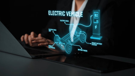 Structure of electric car showing battery system, traction motor, control units, and charging station for understanding EV functionality and energy flowの写真素材