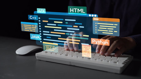 Software development with coding overlays, programming languages, developer tools, mobile app...