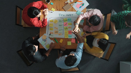 Time lapse of people writing and making scrum task board while writing plan and planning strategy at colorful sticky notes. Team manage work performance by using kanban board.の写真素材